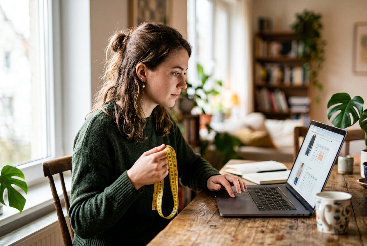 Woman using a virtual sizing guide to reduce clothing returns online shopping