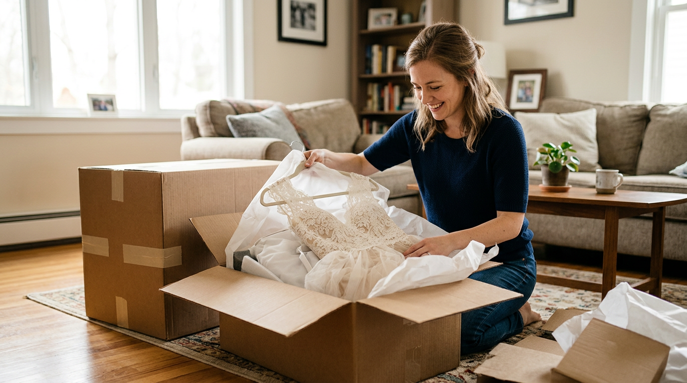 Bride opens at-home wedding dress sample box, inspecting the gown before trying it on