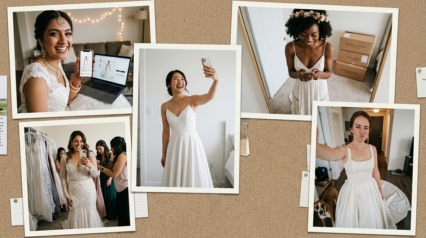 Happy brides showcase virtual and at-home wedding dress try on results in a collage