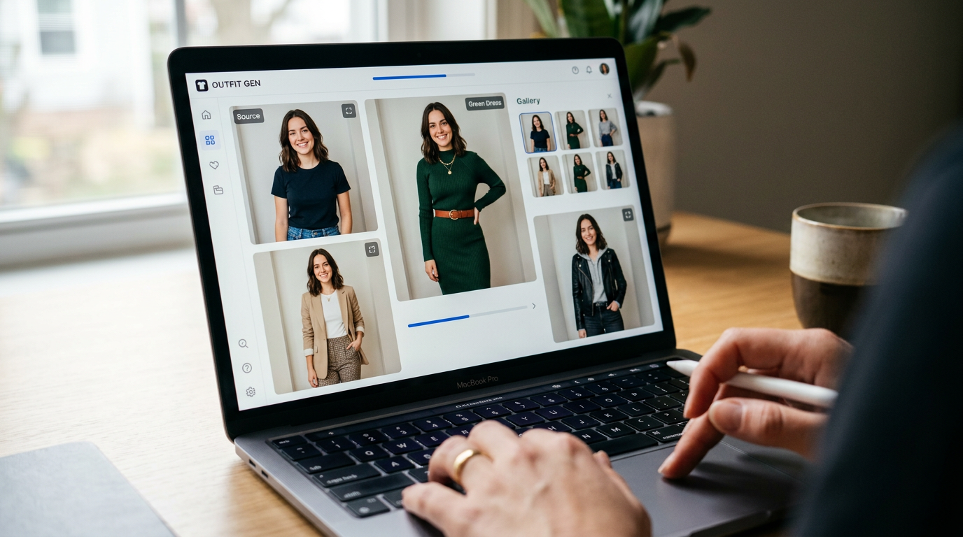 AI model generator interface demonstrates clothes swap and outfit variations on screen