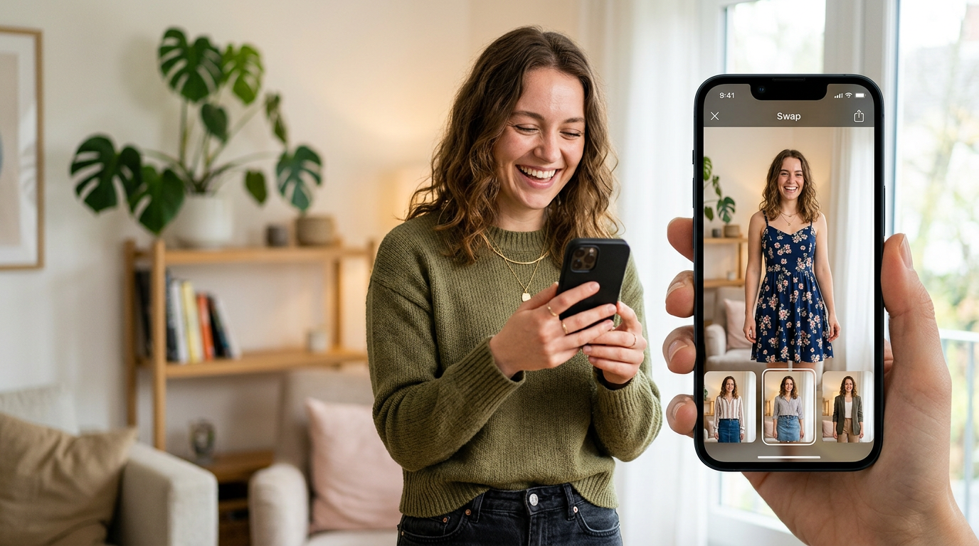 User previews multiple digital outfits using AI clothes changer app on smartphone