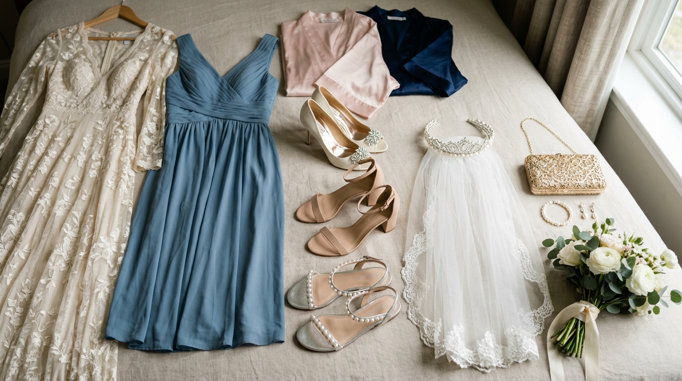Categorized digital wardrobe in an app showcasing matched outfits with wedding theme