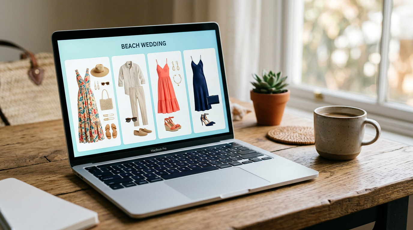 Virtual closet view with beach wedding outfits organized in an online outfit planner