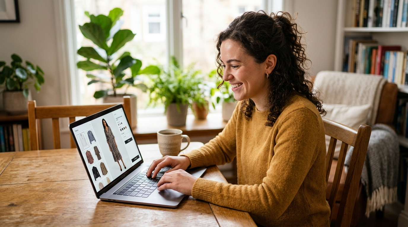 Person using a virtual fitting room tool on a laptop at home, seeing how clothes look online