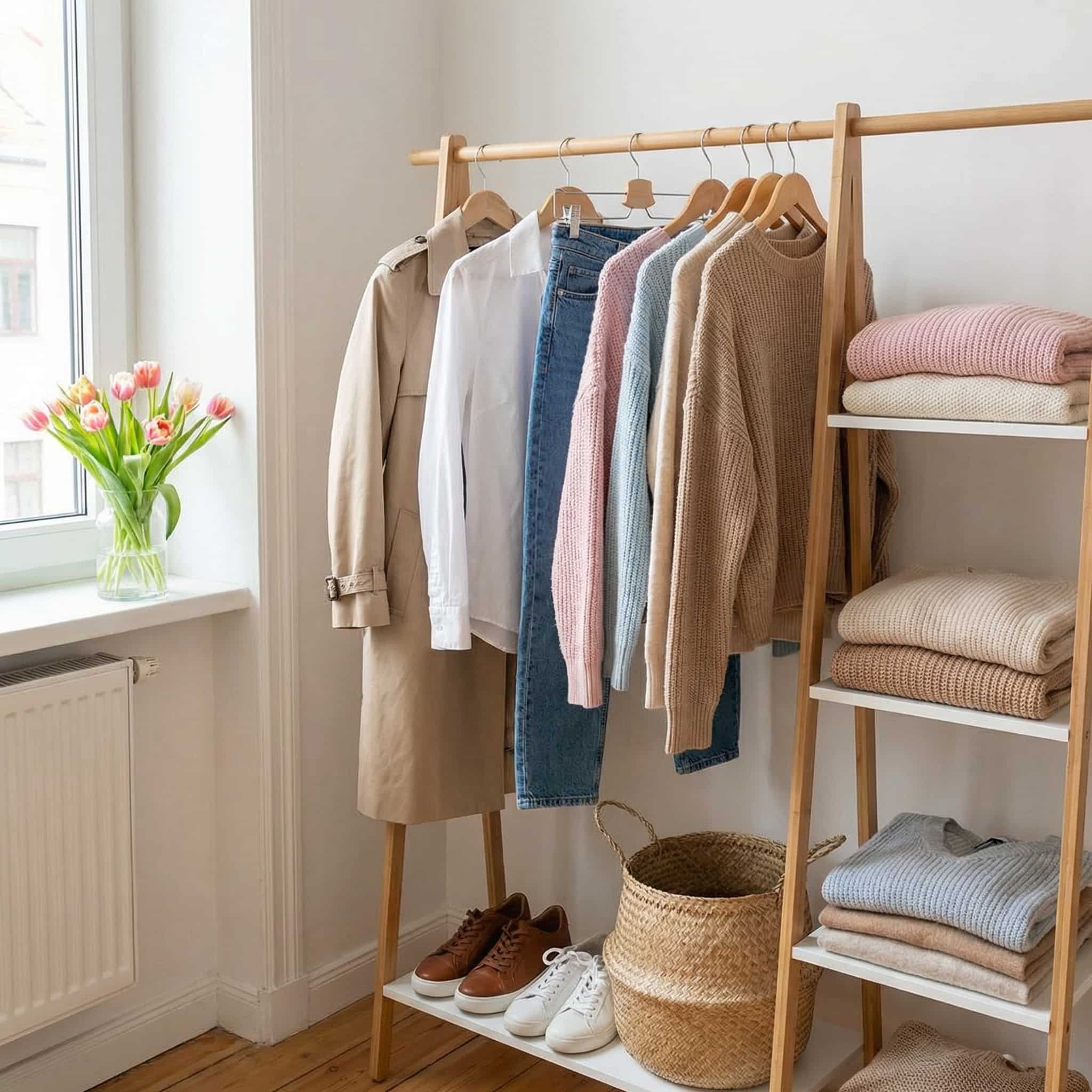Spring capsule wardrobe — clothing rack with trench coat and base pieces