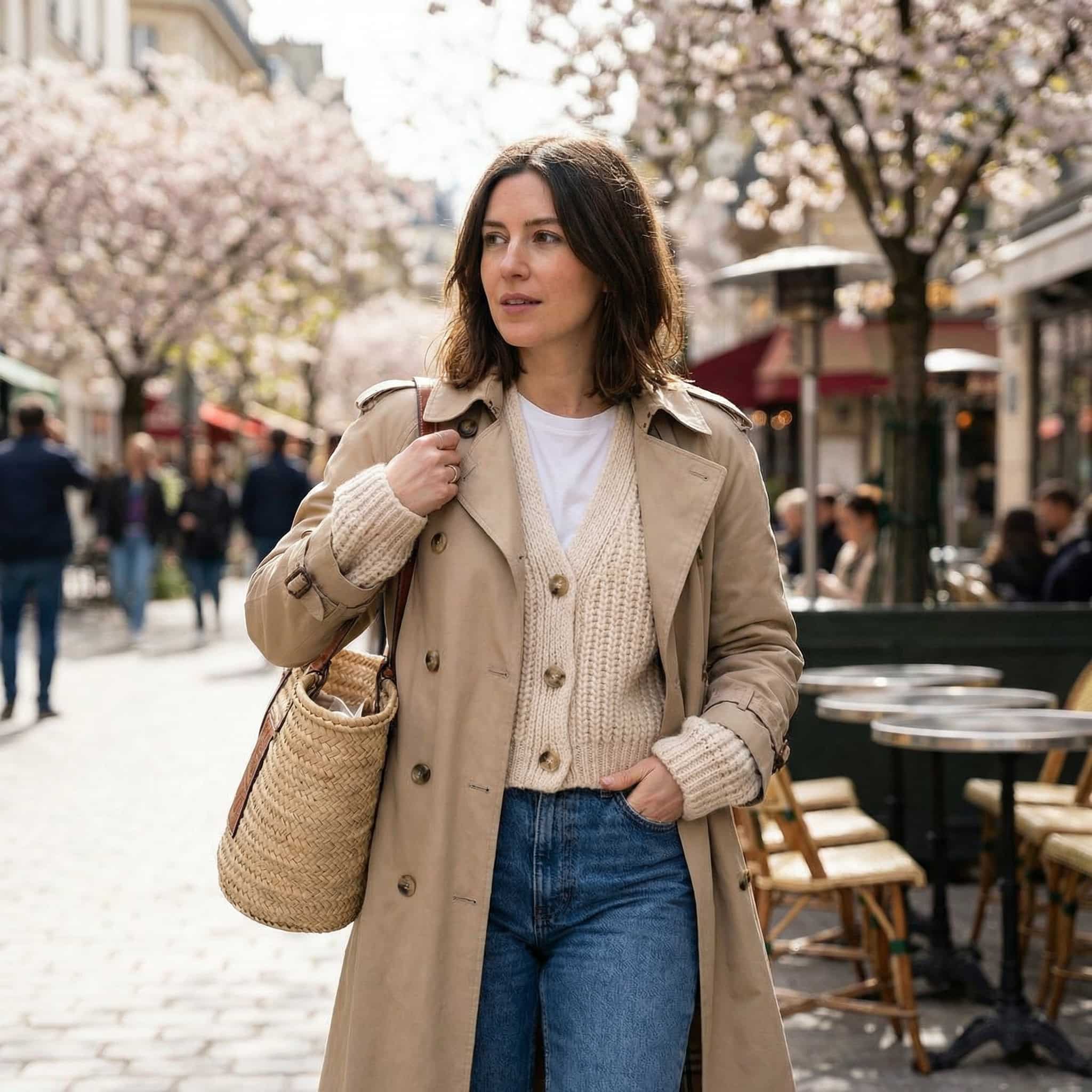 Woman in a layered spring outfit — trench coat, cardigan and white t-shirt