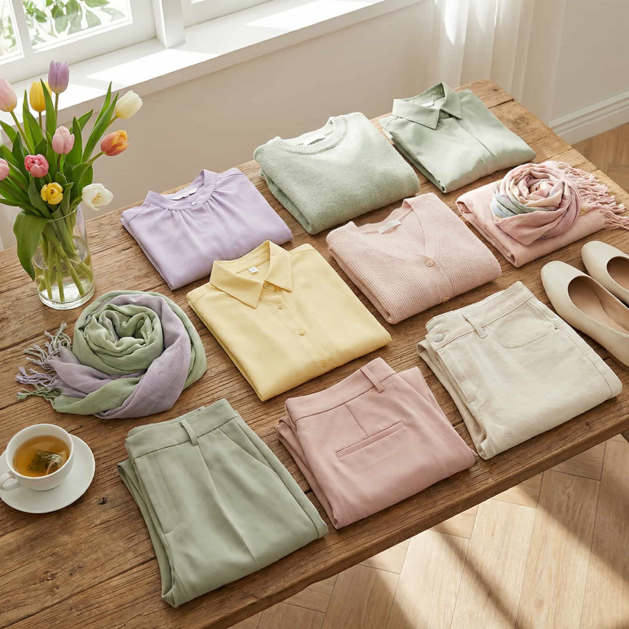 Spring clothing in pastel shades — a coordinated color palette laid out on a table