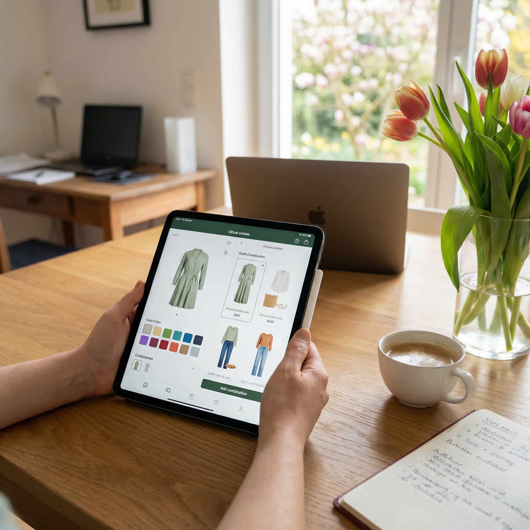 Planning outfits online with a wardrobe app on a tablet