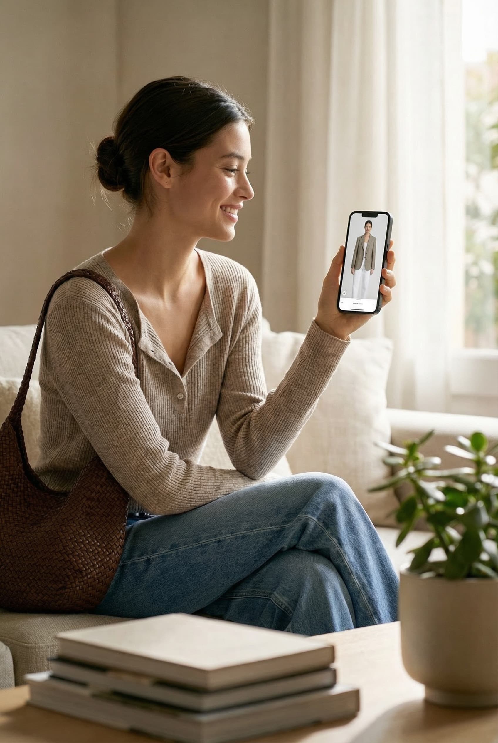 Woman trying on clothes virtually using Be Stylish app