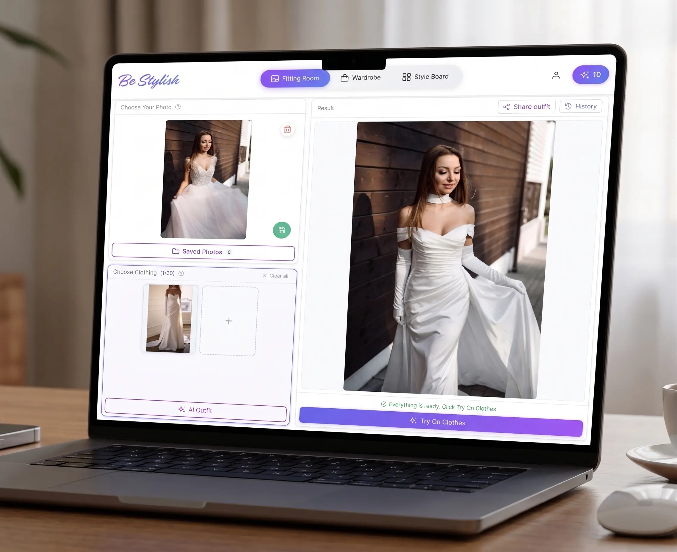 Virtual fitting room software showing uploaded user photo, clothing items, and generated outfit preview.