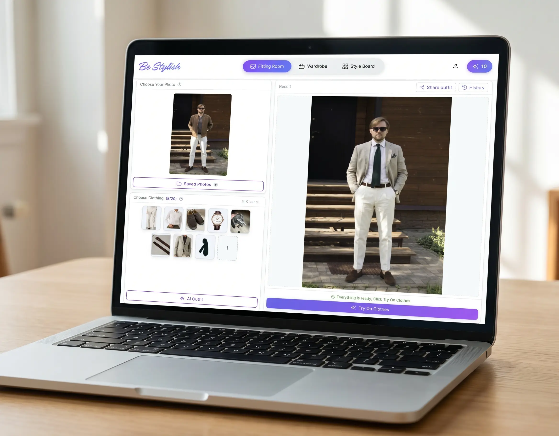 Online virtual trial room generating a complete outfit from multiple uploaded clothing items.